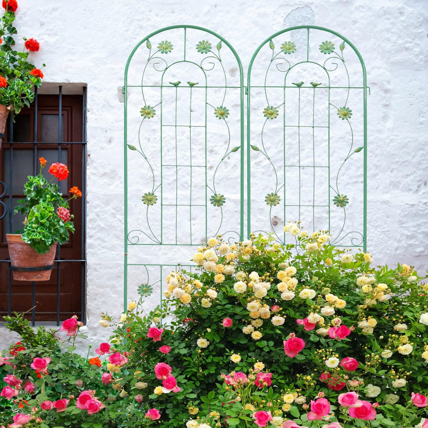 Elegant Metal Garden Trellis for Climbing Plants, Rustproof Outdoor Flower Support, Metal Galvanized Tube with Powder Coating, Decorative Trellis for Ivy,Rose,Clematis,Jasmine,Grape (Green,2)