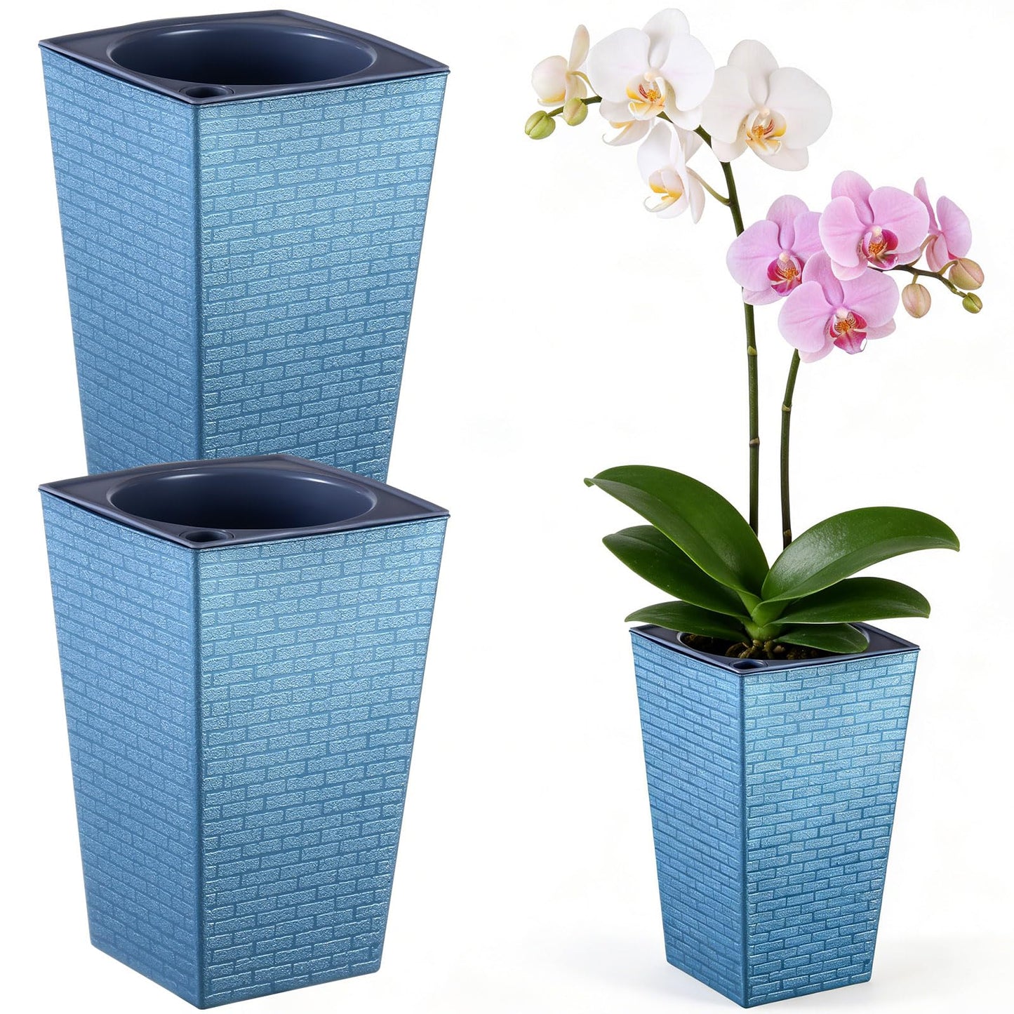 Self Watering Pots for Indoor Plants, 2 Pack Flower Pots Self Watering Planter 10.7" x 6.9" Plastic Pots African Violet Wick and Grow Pots Tall Orchid pots Square Large Plant Pots, Blue