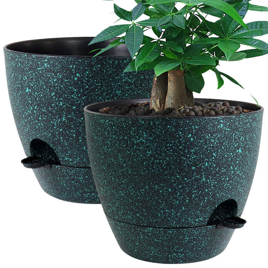 12inch 2Pack Large Self Watering Planters, Plastic Plant Pots with 60oZ Removable Deep Reservoir and Multi Mesh Drainage Holes for Indoor Outdoor Garden Plants and Flowers, Black with Green Speckles