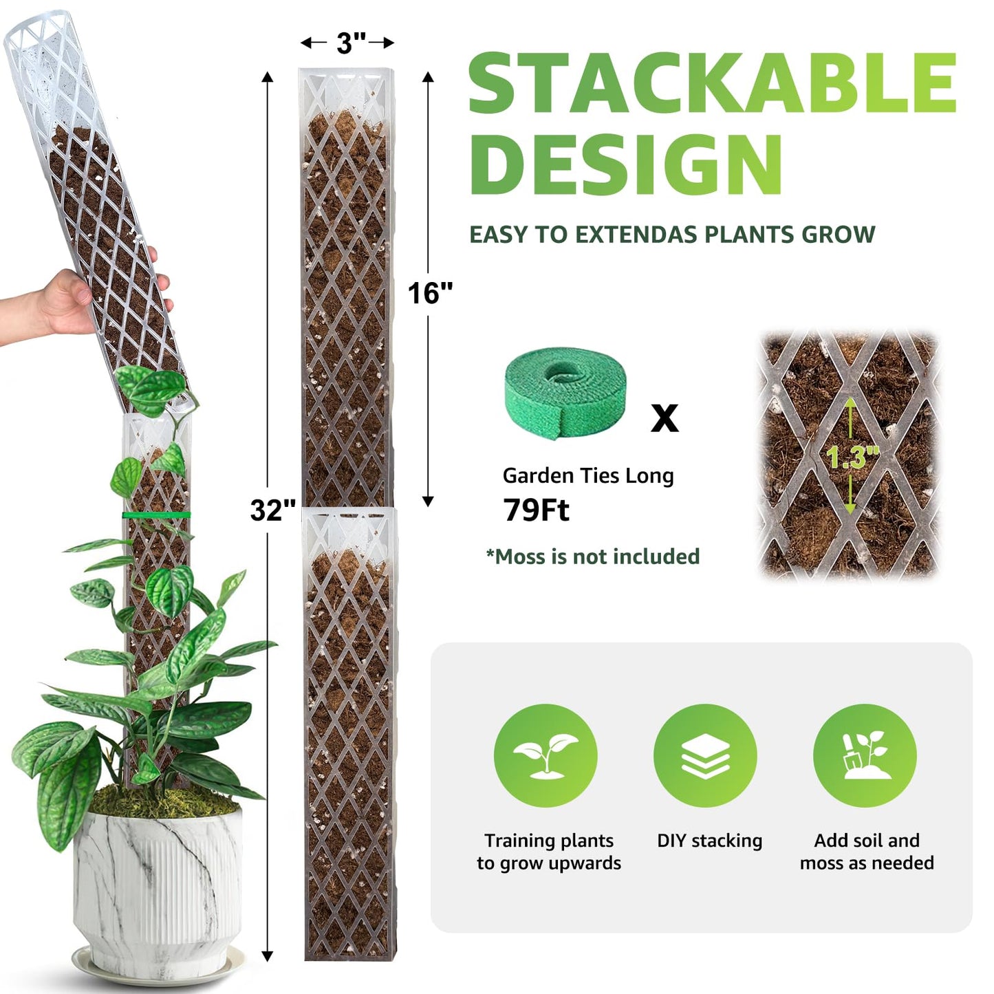 Sisher 2 Pack 16 Inch Plastic Moss Poles for Climbing Plants D Shaped Moss Pole Work with Sphagnum Moss Sticks for Indoor Plants, Moss Pole Monstera Plant Support,with Garden Ties