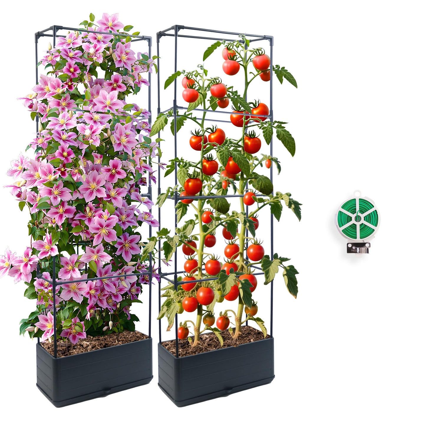 Sumloty 2Pack Raised Garden Bed Planter Boxe with Trellis, 55.2" Self Watering Tomato Planter Box with Trellis for Climbing Vegetable Flowers and Plants, Tomato Cage for Indoor Outdoor Use