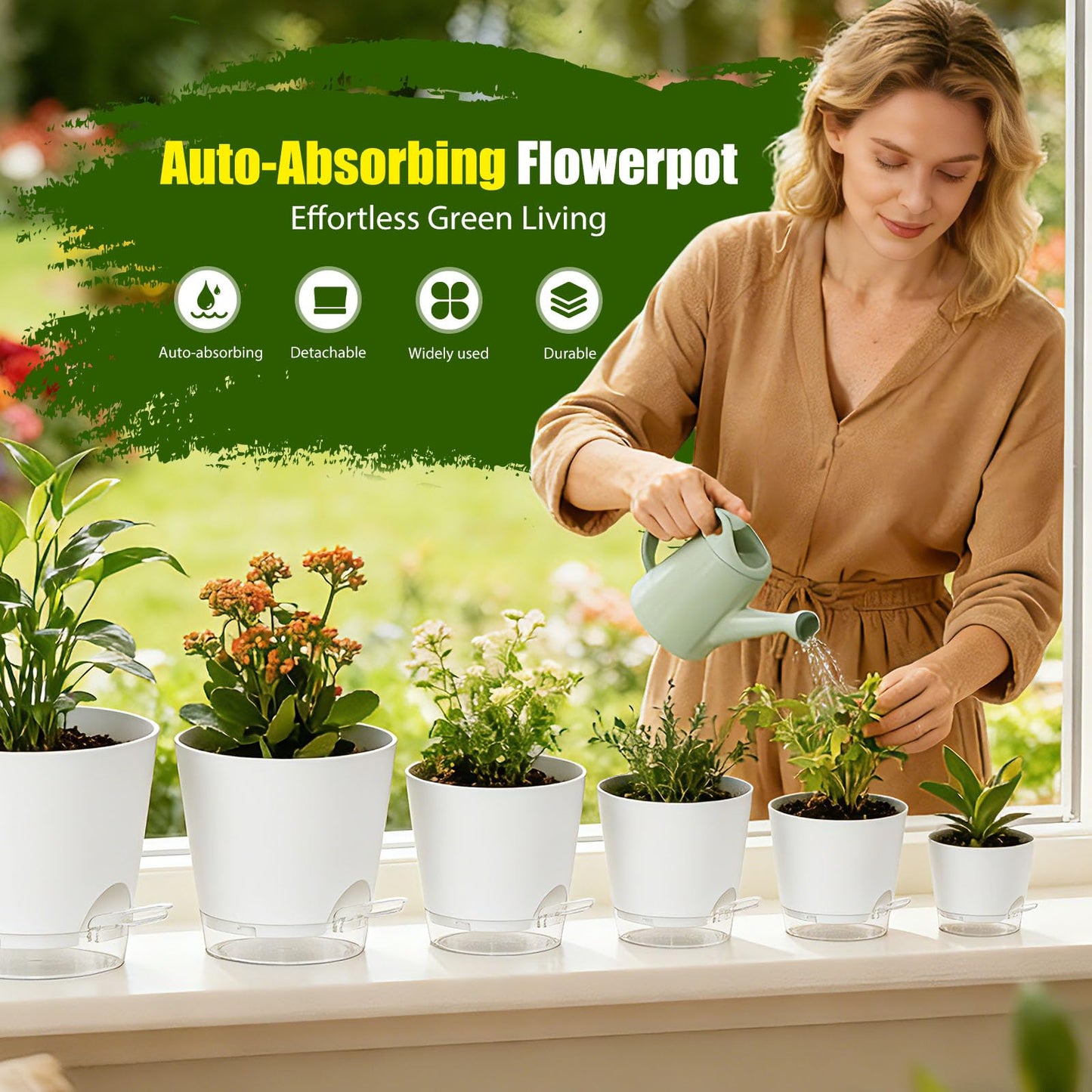 SQKH Plant Pots 4/5/5.5/6/6.5/7/8 Inch Self Watering Pots, 7 Pack Plastic Planters with Drainage Holes and Clear Saucers,Plastic Flower Pots,Nursery Planting Pot for Indoor Out Door Plants(White)