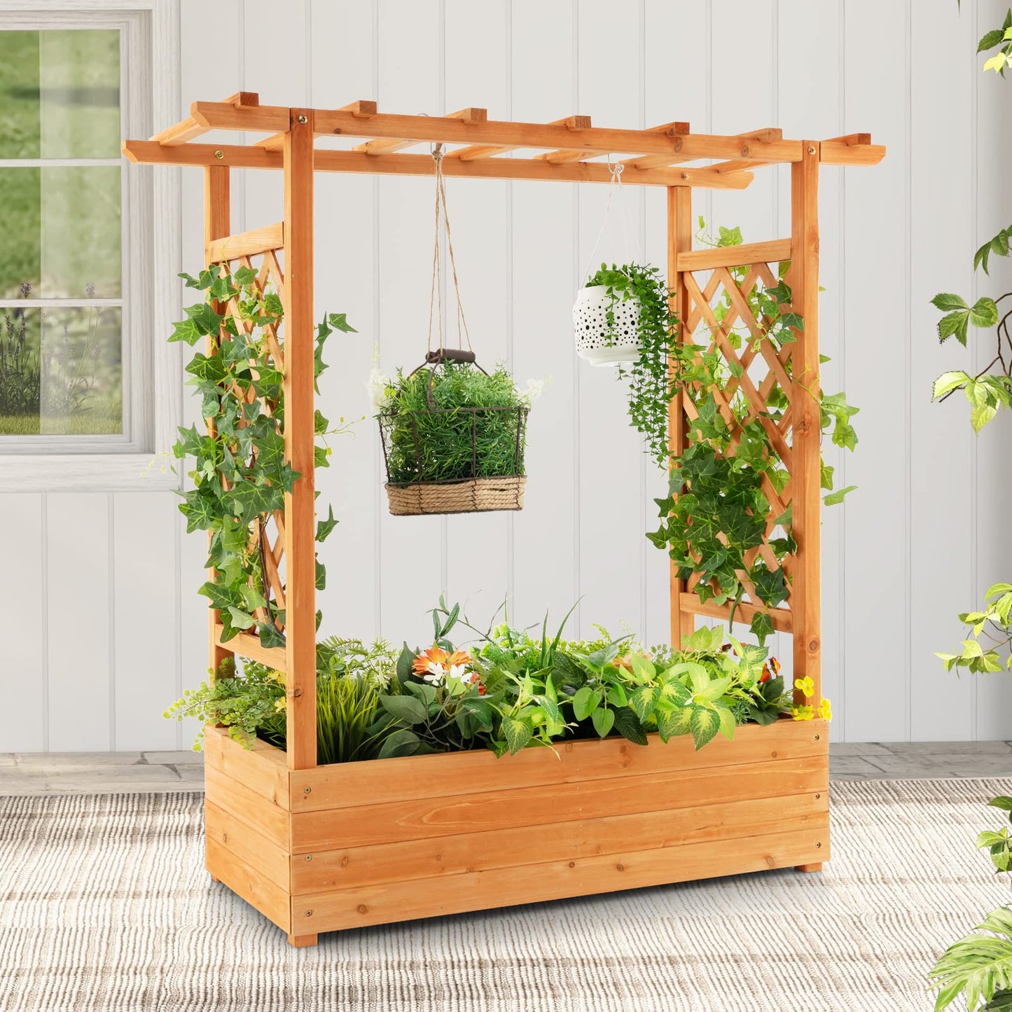 LDAILY Raised Garden Bed with Trellis, Above Ground Garden Bed with Hanging Roof, Side Trellis, & 4 Drainage Holes, Planter Box for Outdoor Climbing Plants Vines Flowers (1, 43.5"L x 17.5"W x 44.5"H)