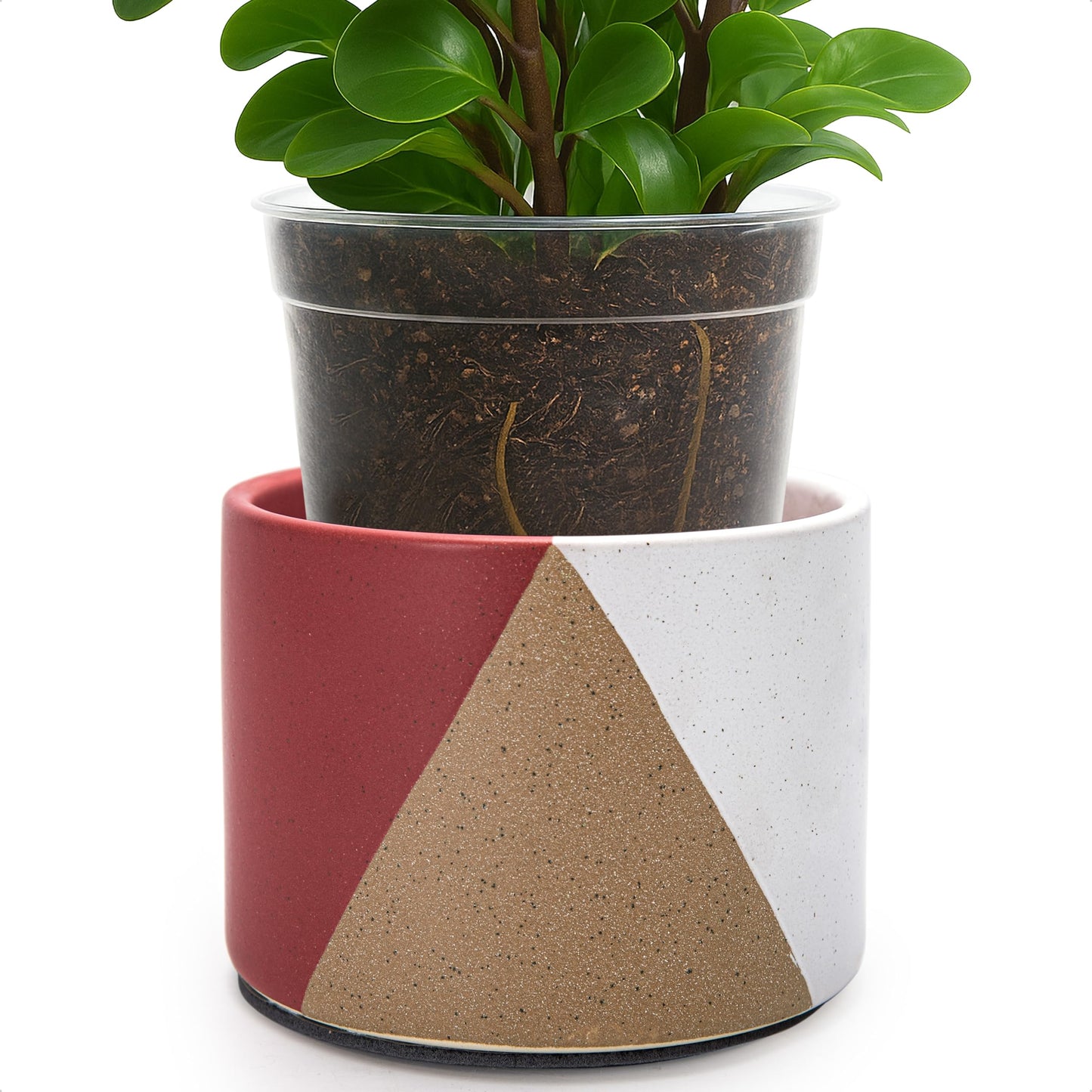 D'vine Dev 6.5" Stoneware Cachepot Planter with 6" Low Clear Nursery Pot & Detachable Saucer – Modern Indoor Plant Pot with Drainage for Bottom Watering & Root Visibility, Crimson Dune, 93-O-D-4