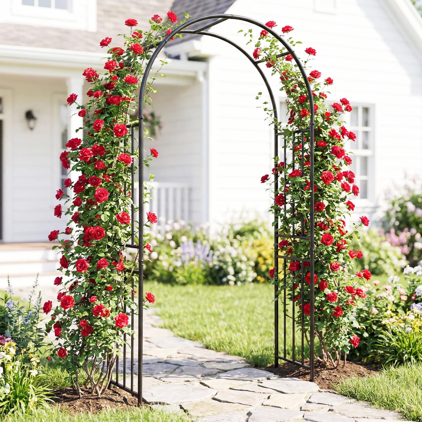 Giantex Garden Arch Outdoor Metal Arbor Trellis, 86'' Heavy Duty Steel Pergola Arch with Ground Stakes for Climbing Plants, Wedding, Party & Backyard Decoration (1 Pack)