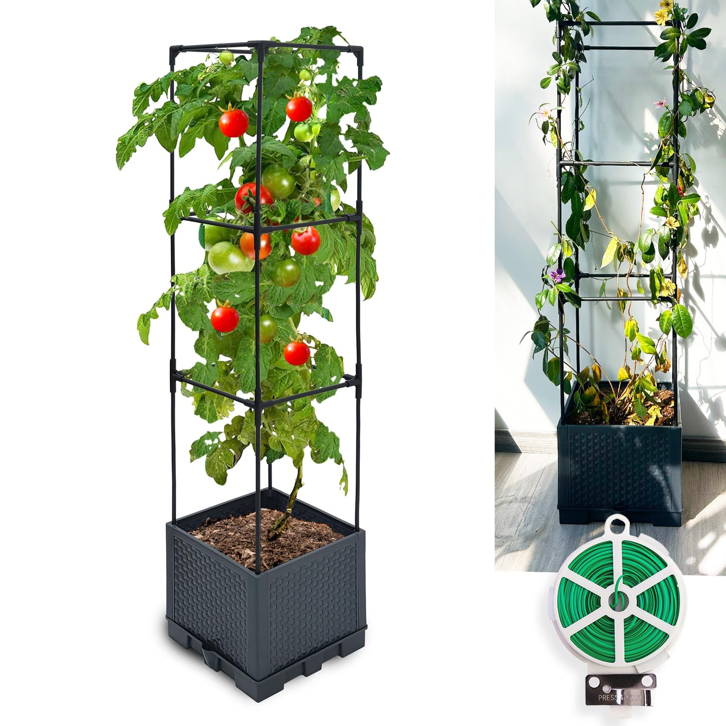Biotolot Raised Garden Bed Tomato Planter Box with Trellis, 44" Self-Watering Tomato Cage with Square Trellis for Climbing Plants, Flowers, Vegetables, Vine in Patio Garden Indoor Outdoor
