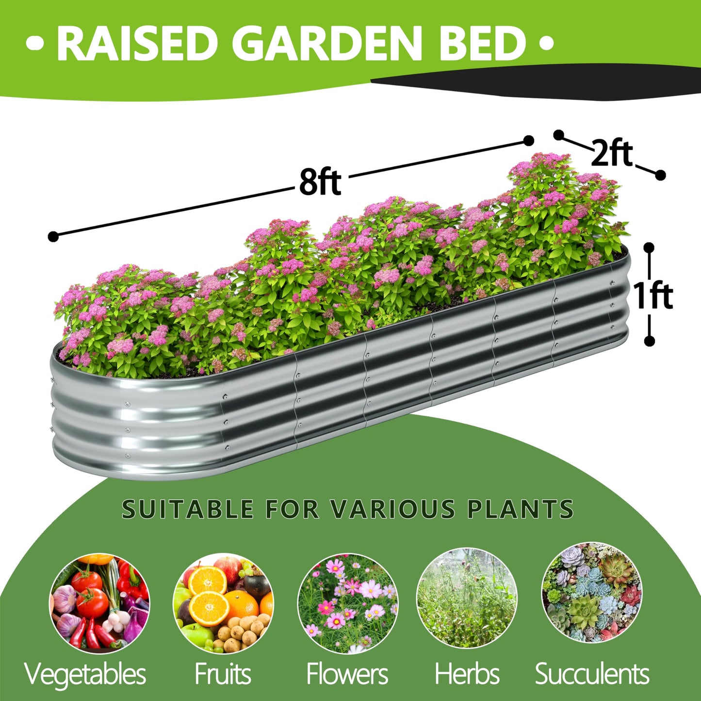Foxlang 8x2x1ft(2 Pack) Galvanized Oval Raised Garden Bed,Outdoor Planter Box Metal Patio Kit Planting Bed for Vegetables Flowers Herb,Silver