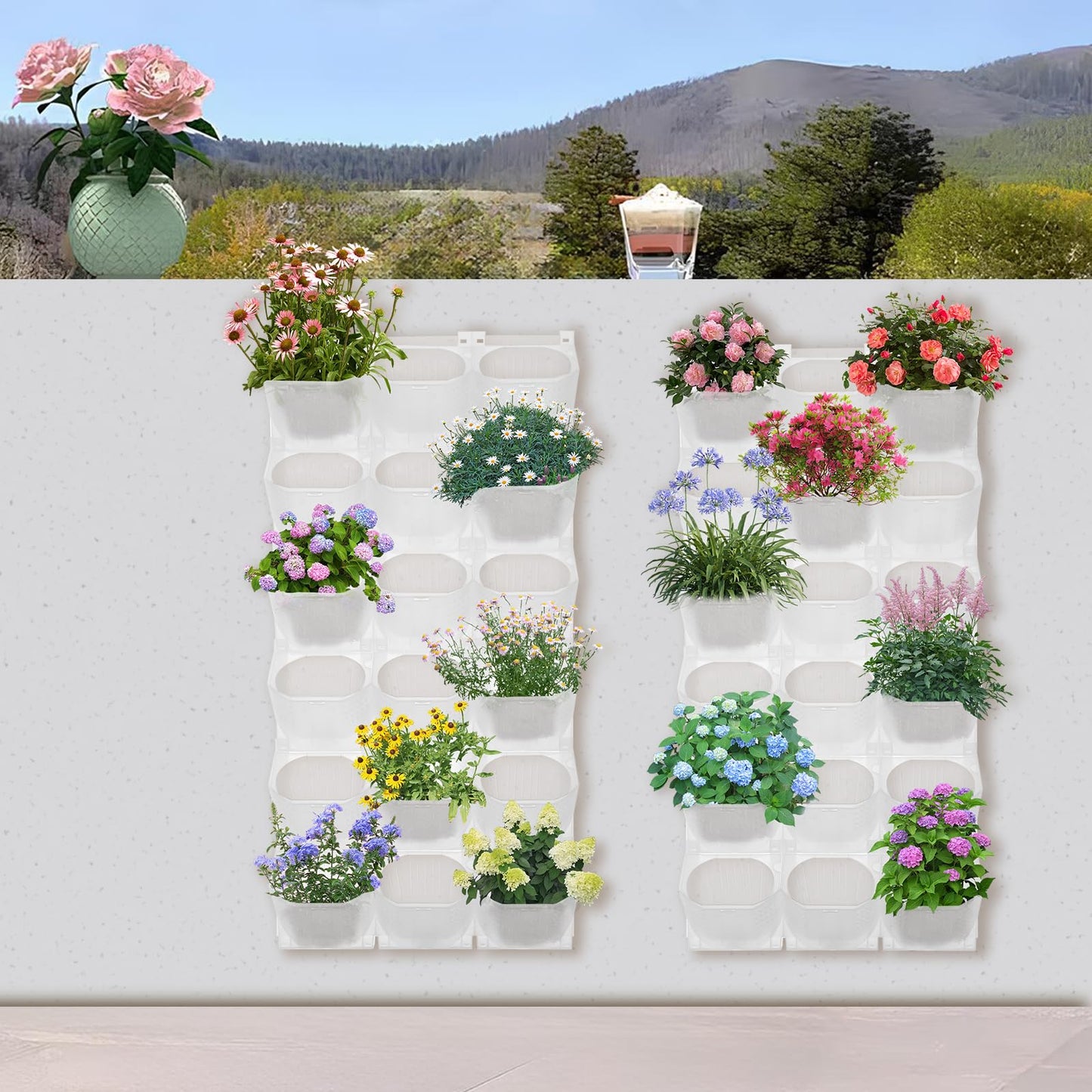 Eapmic Vertical Wall Planter with 36 Pots, Hanging Garden Plant Flowerpot Holder, Stackable Wall-Mounted Planter, Balcony Planters for Flowers Vegetables Fruits (White, 36 Pots)