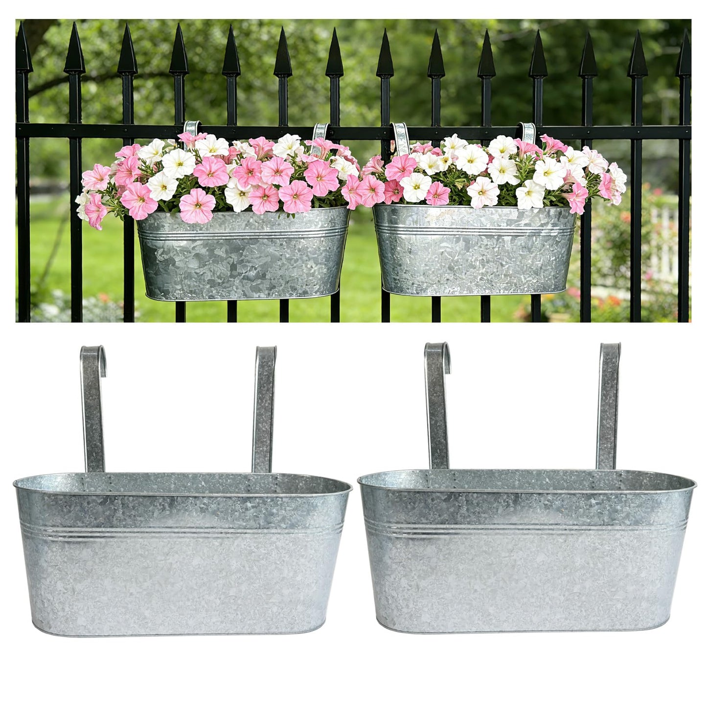Joyfernal Balcony Galvanized Hanging Planters Railing Flower Pots, Outdoor Metal Fence Planter Pot with Detachable Hooks Drain Hole for Garden Patio Yard Decor (17 Inch, 2Pcs)