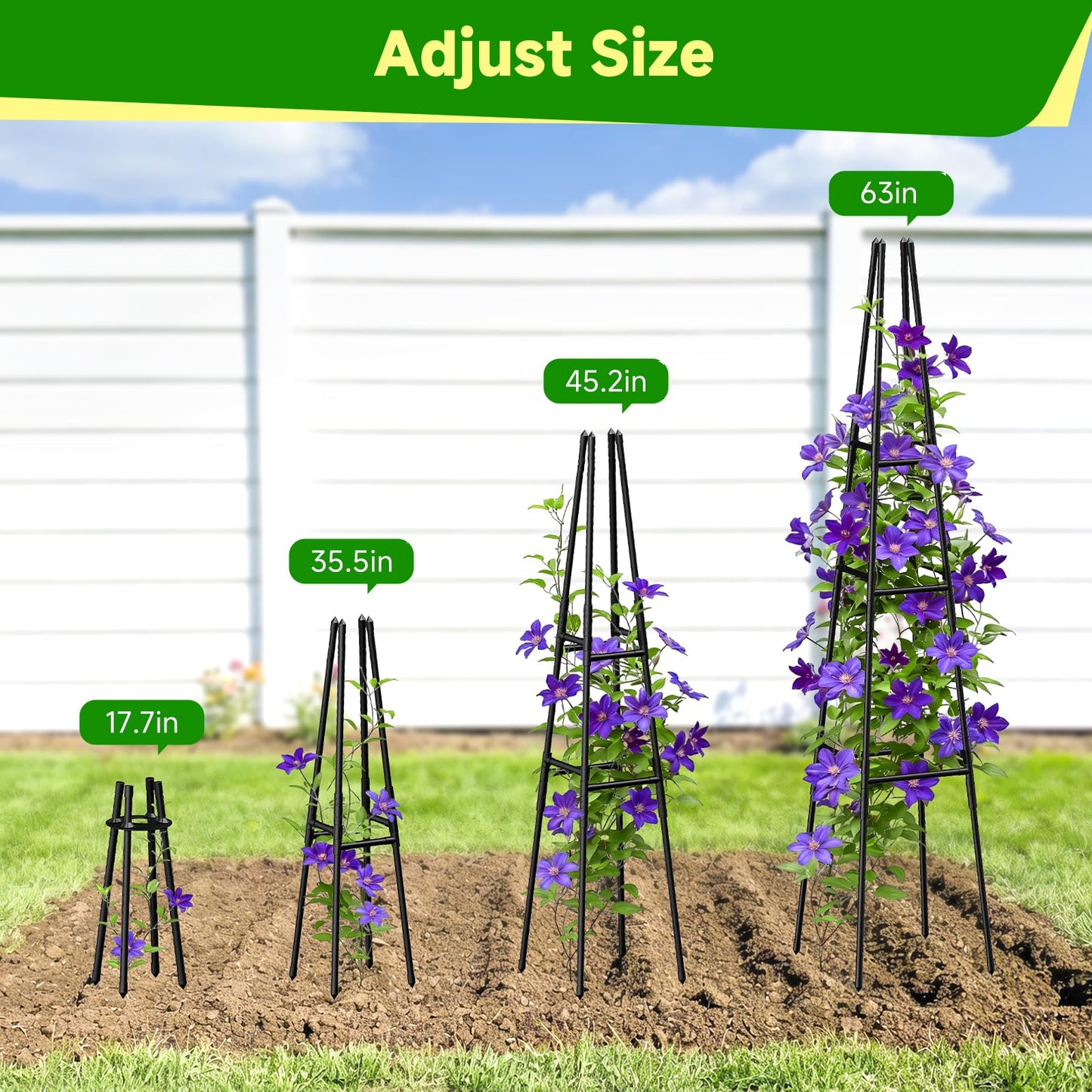 MQJIAZHI Garden Obelisk Trellis for Climbing Plants Outdoor, 63 Inch Height Adjustable Gardening Trellis, Steel Plastic Coated Plant Support for Indoor & Outdoor Multiple Climbing Plants(1PCS)