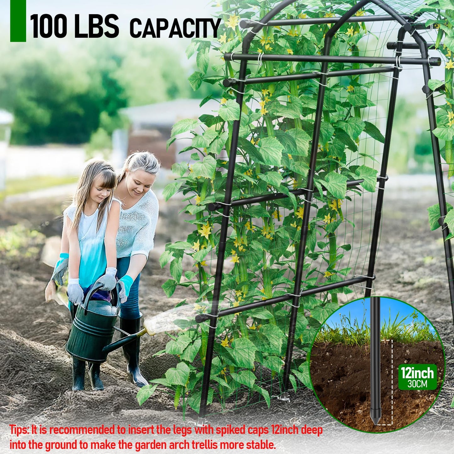 SPECILITE Garden Arch Trellis 86 in Extra Tall for Climbing Plants Outdoor, Steel Stainless Arched Arbors Tunnel Trellis with Netting, Includes Sure Clips, Cable Ties for Cucumber Tomato Vines