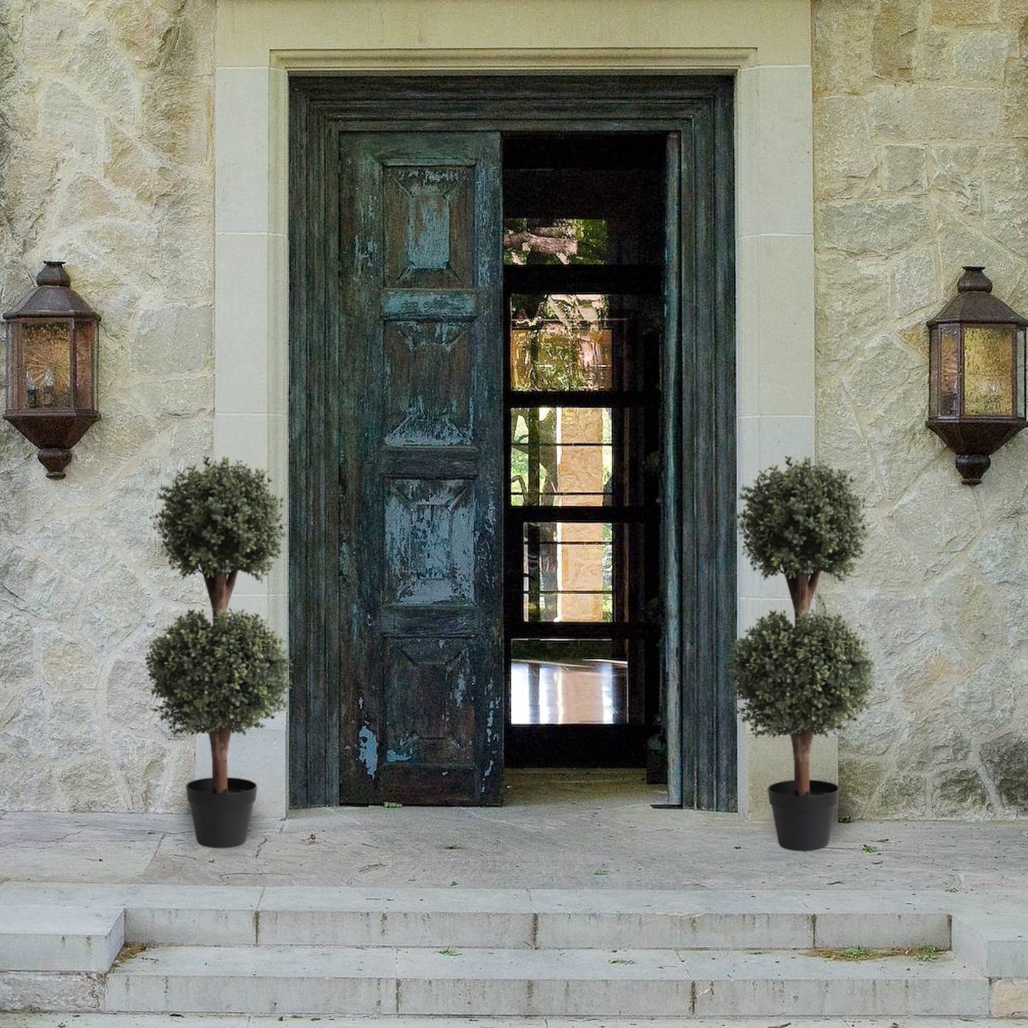 （Set of 2） Lifelike 3Ft arfiticial Double Ball Topiary Trees Outdoor Faux Topiary Tree for Out Door Porch Decor