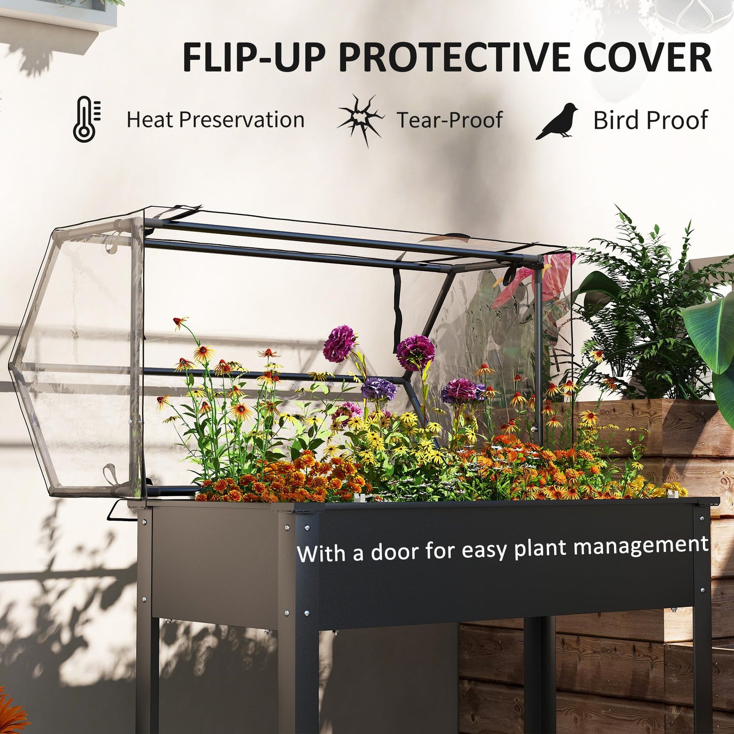 Outsunny Raised Garden Bed with Flip-Up Greenhouse Cover, Elevated Planter Box with Legs and Drainage Hole for Vegetables Flowers Herbs, 39.4" x 18.9" x 48.8", Black