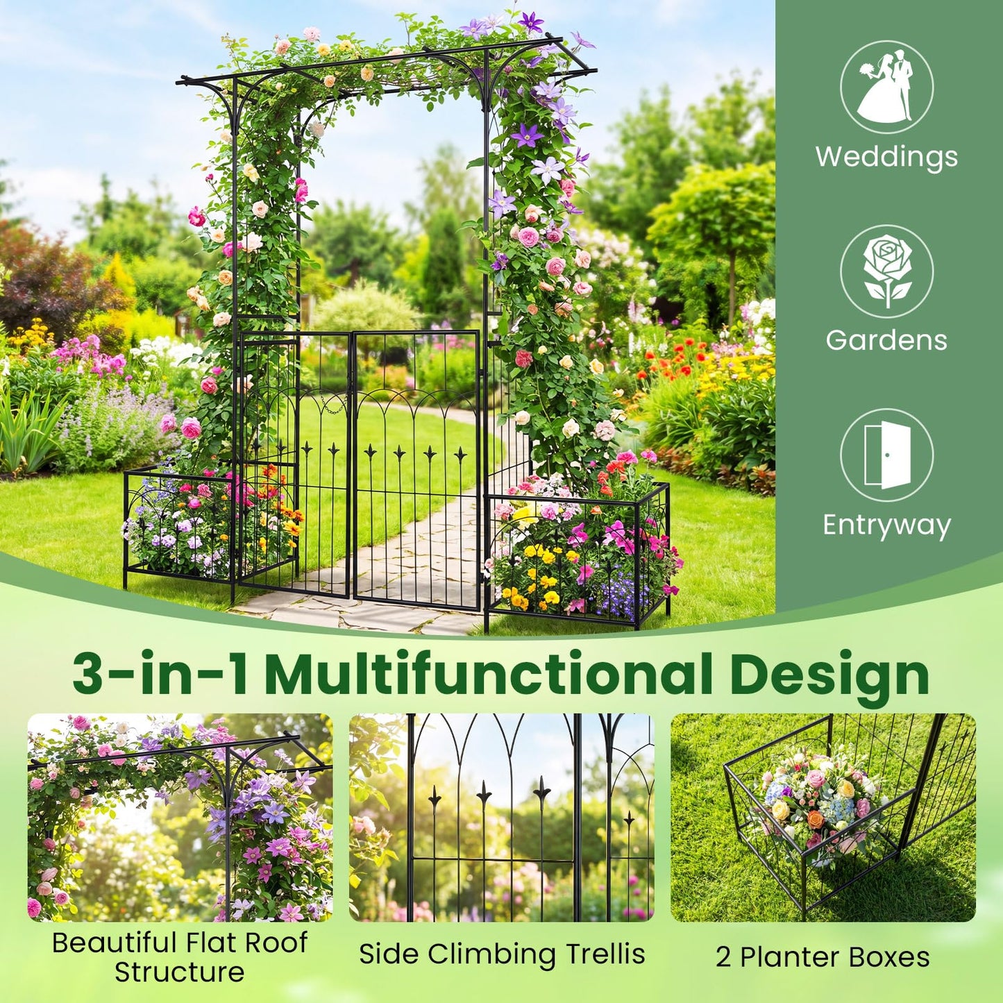 Giantex Garden Arbor with Gate and Planter, 79" W x 81" H Metal Arch Trellis with Double Doors, Outdoor Archway for Climbing Plants, Weddings, Backyard, Patio, Lawn, Ceremony Party Decoration