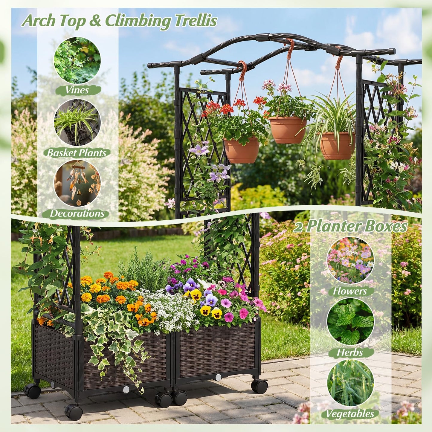 BECOMFORT Planter Box with Arch Trellis, 58”H Self-Watering Tomato Planter w/Wheels, Hanging Roof & Drainage Holes, Outdoor Indoor Raised Garden Bed for Climbing Vines, Perfect for Lawn & Backyard