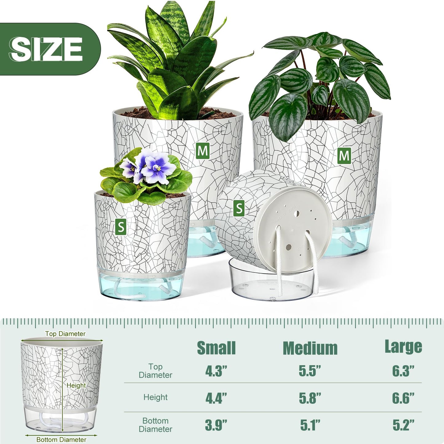 Samhe Self Watering Pots for Indoor Plants, 4/5.5 Inch Crackle Pattern Planters with Clear Water Reservoir & Wick System, 4 Pack Plastic Flower Pots for Succulents, Herbs, African Violets