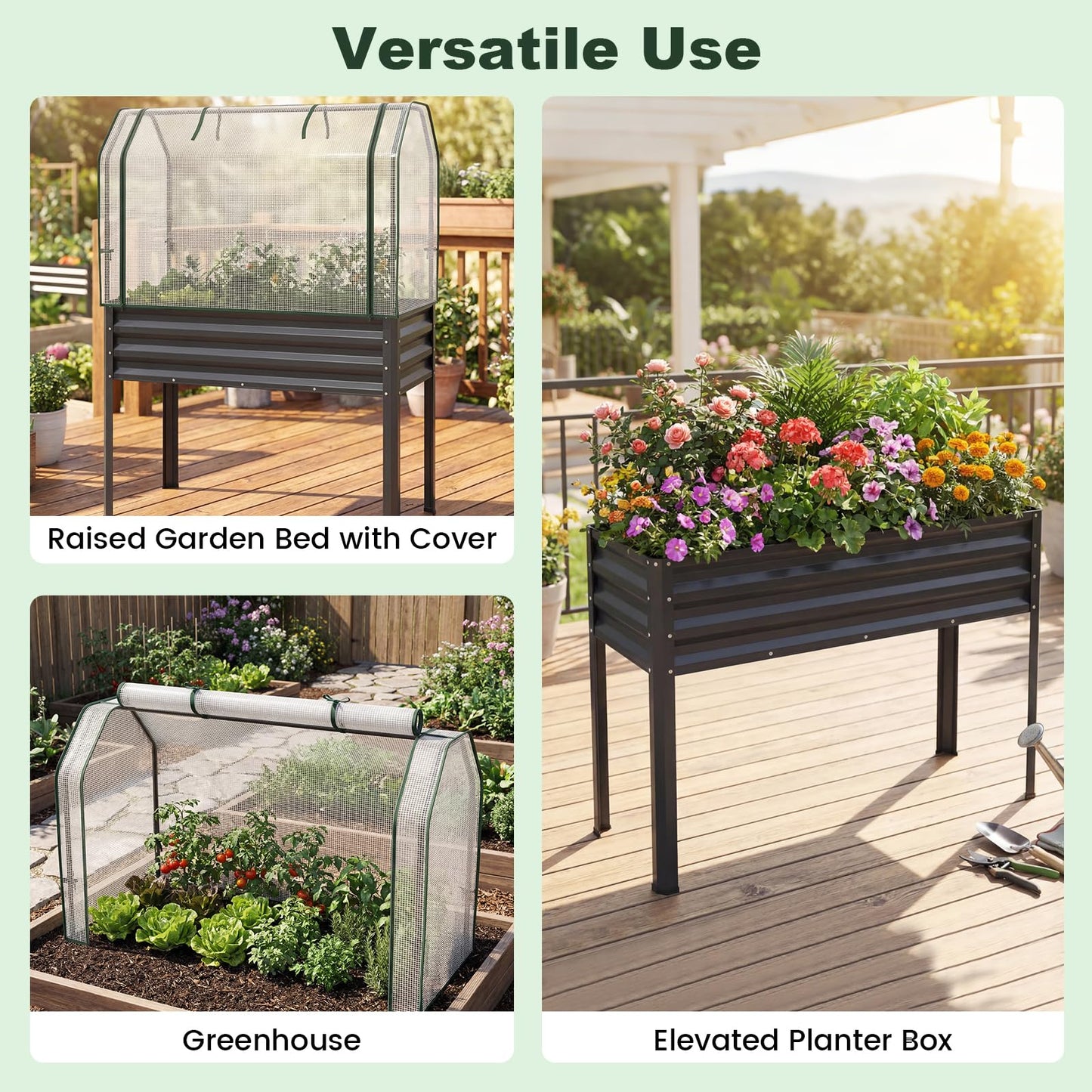 Giantex Raised Garden Bed with Legs & Greenhouse Cover, 44x22x60 Elevated Metal Planter Box with Roll-up Door, Outdoor Mini Greenhouse for Vegetable Flower Herb Patio Balcony (Black,2)