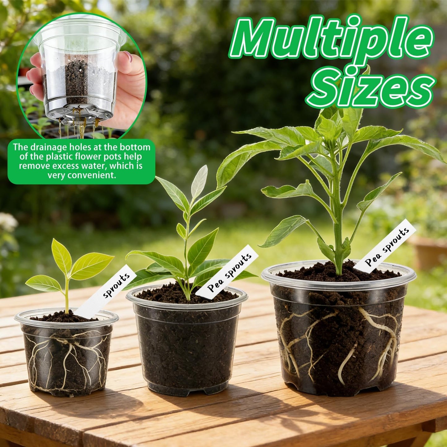 VOKOY 42 Pack 4/3/2.75 Inch Clear Nursery Pots with 50 Plant Labels, Clear Plant Pots with Drainage Hole Plastic Transparent Variety Pack Garden Flower Seedling Pots Small Planter Containers