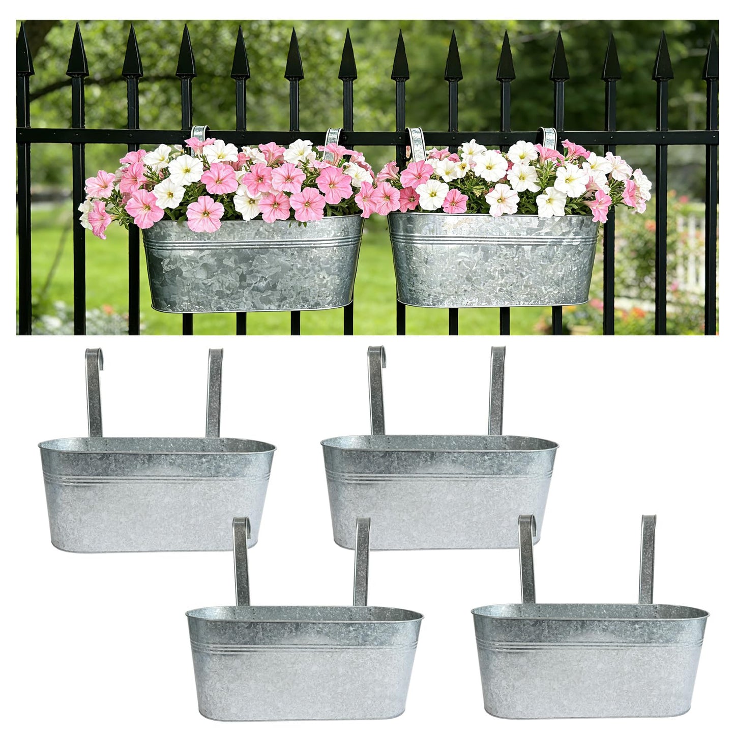 Joyfernal Balcony Galvanized Hanging Planters Railing Flower Pots, Outdoor Metal Fence Planter Pot with Detachable Hooks Drain Hole for Garden Patio Yard Decor (17 Inch, 4Pcs)