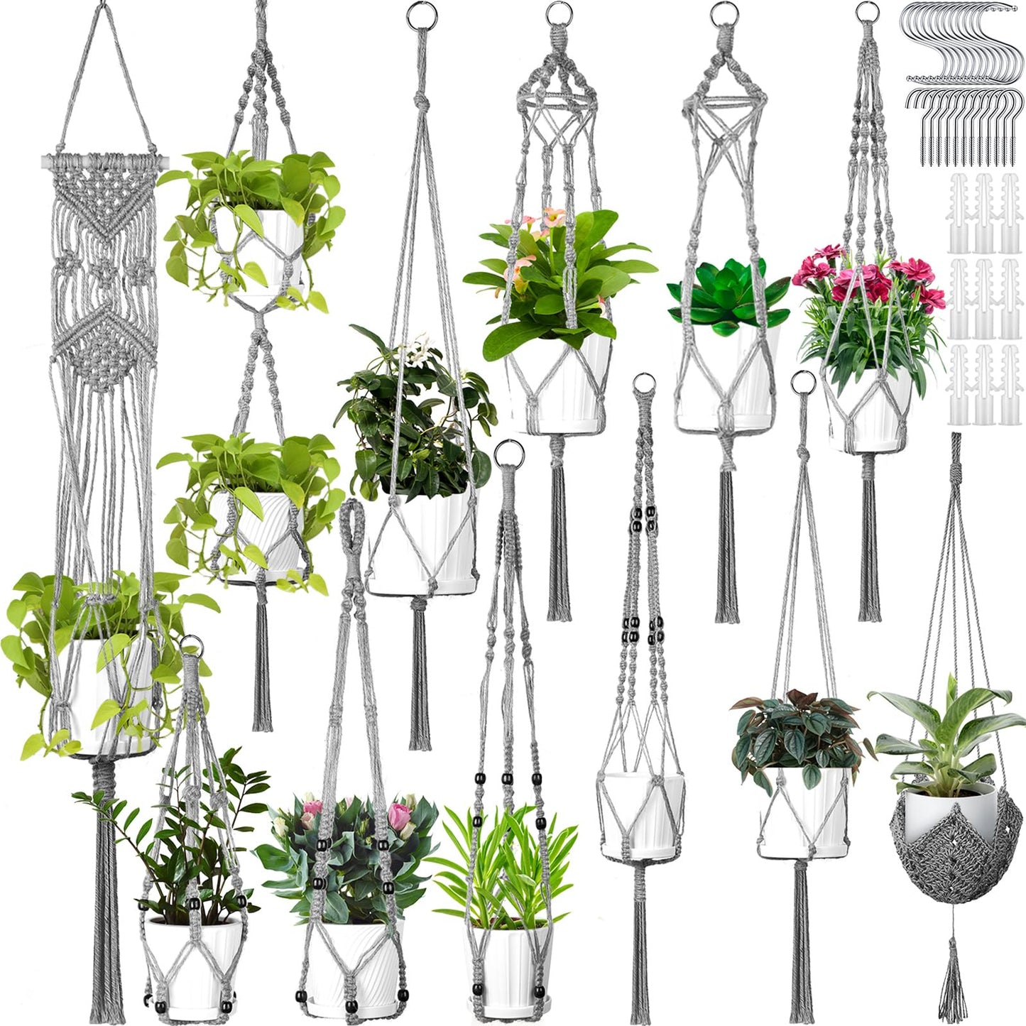 Hoteam 12 Pcs Macrame Plant Hangers Macrame Hanging Planters for Indoor Plants Handmade Boho Hanging Baskets Flower Pots Holder for Outdoor Home Wall Decor(Gray)