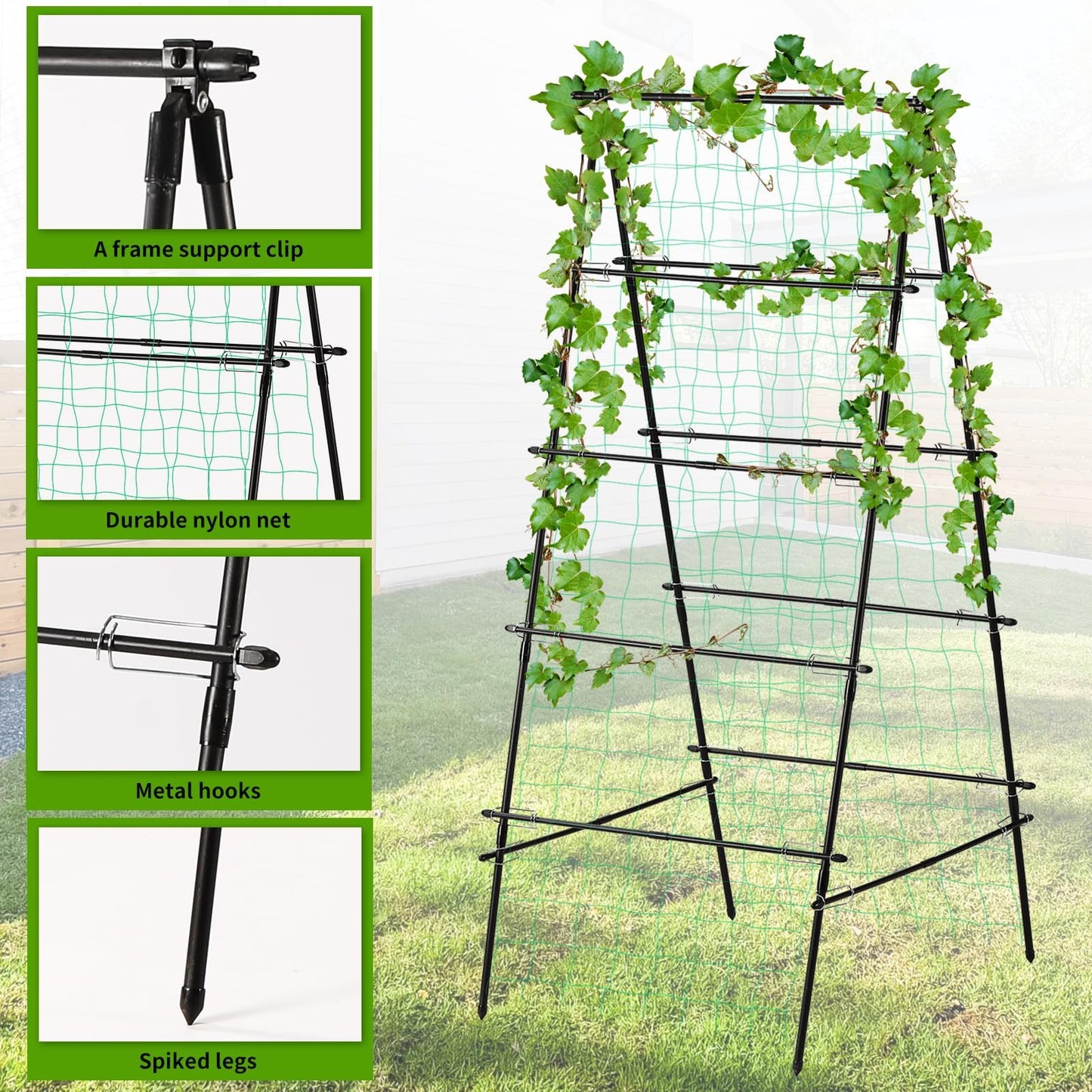 Yotoworth Garden Trellis for Climbing Plants, 71" H x 32" W Metal A-Frame Cucumber Trellis Outdoor Fruits Watermelon Plants Vegetable Tomato Squash Peas Beans, with Netting, Black