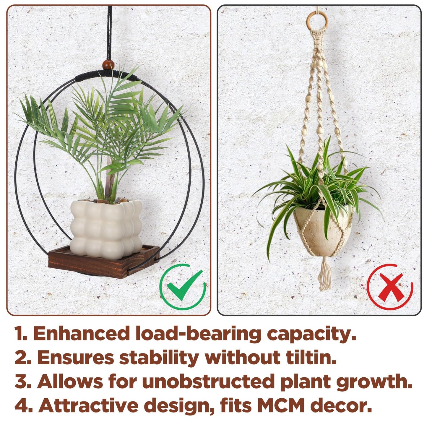 YBEATY 2 Pack Hanging Planters for Indoor Outdoor Plants, 12 Inch Sturdy Wood Base Metal Plant Hanger Modern Boho Minimalist Flower Pot Holder Basket Wall Ceiling Window Stands Home Wall Decor