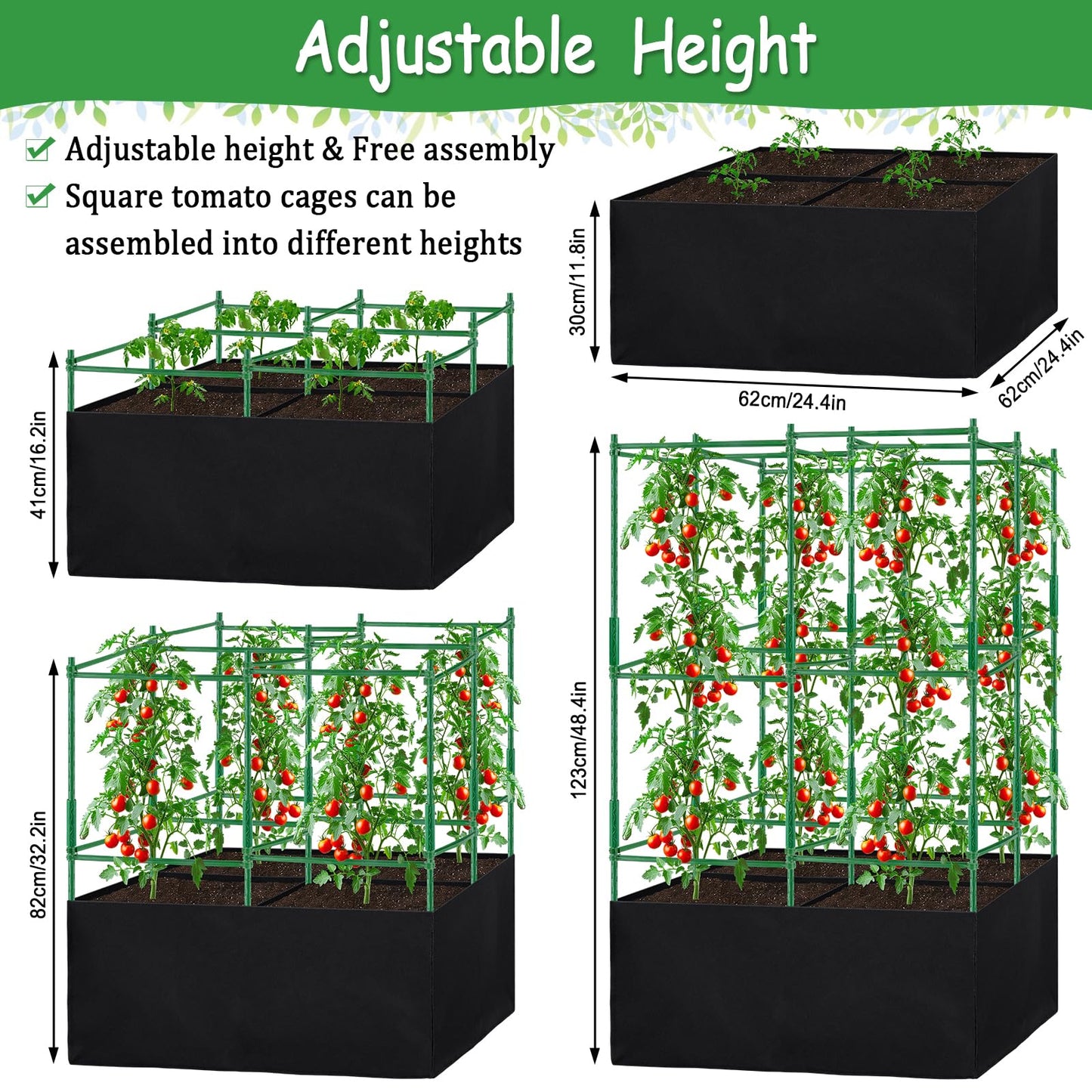 Tomato Cages, Square Tomato Plant Stakes Support Cages Trellis for Garden Climbing Cucumber, Vegetables, Flowers, Fruits with 30 Gallon Grow Bags