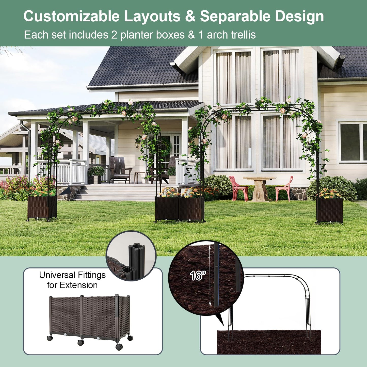 Giantex 6.6 FT Garden Arbor with Planter Boxes, Arch Trellis for Climbing Plants, Self-Watering System, Drainage Design, Lockable Wheels, Outdoor Metal Archway for Backyard, Patio, Wedding Decor