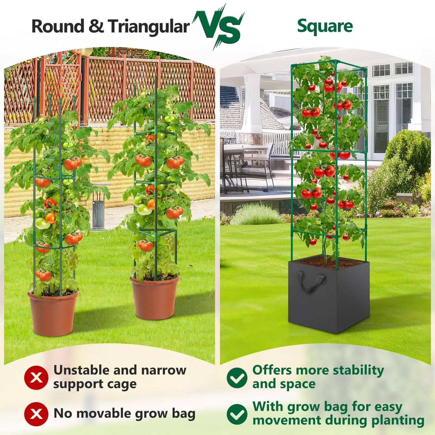 LifeisLuck 2 Pack Tomato Cages for Garden, 49 Inch Tall Tomato Cage with 7 Gallon Planter Bags, Plant Support Trellis Frames for Garden Cucumber Vegetables Plants Climbing Outdoor Indoor