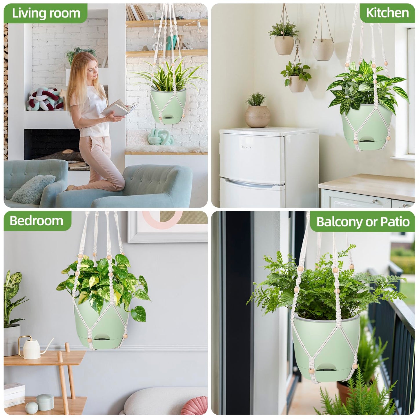 2-Pack 5.7-Inch Self-Watering Hanging Planters for Indoor & Outdoor Plants,34Inch Macrame Hanger Plant Pots Indoor with Drainage,Small Hanging Planters & Baskets,With Two Sets of Hooks（Pure green）
