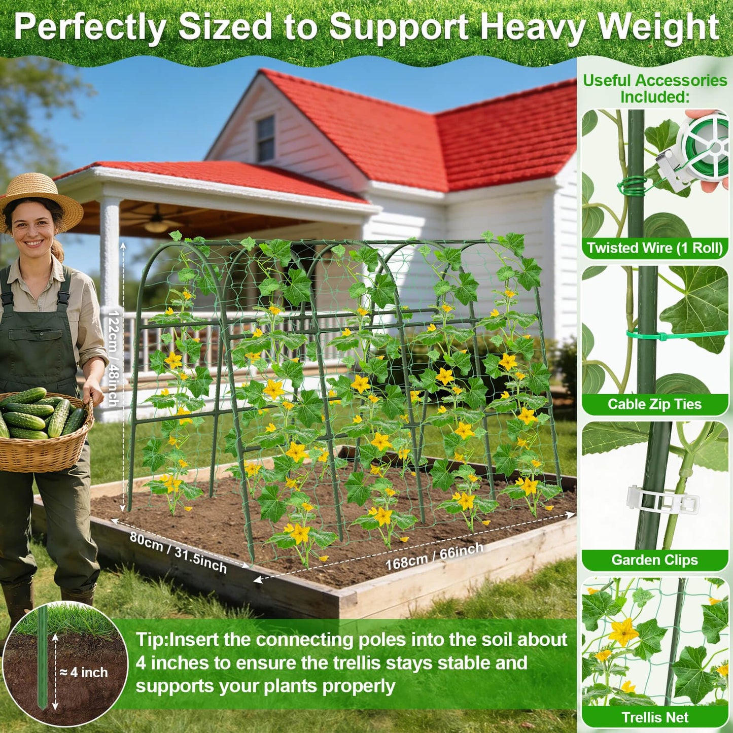 Cludoo Cucumber Trellis for Raised Bed Garden, U-Shape Arch Trellis for Climbing Plants Outdoor, Metal Vegetables Trellis with Netting, Garden Trellis for Cucumber Plants Sweet Pea Bean Grape
