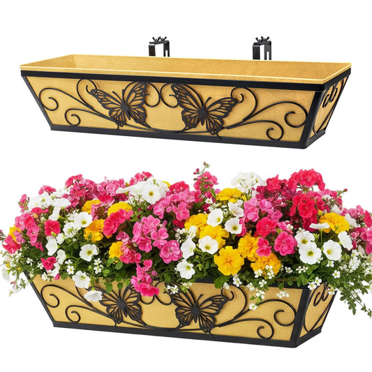 2 Pack 24 Inch Window Boxes Planter Railing Planters Box with Adjustable Brackets for Porch Deck Balcony Hanging Butterfly Decorative Flower Baskets & Non-Woven Fabric Liner for Outdoor Plants - Black