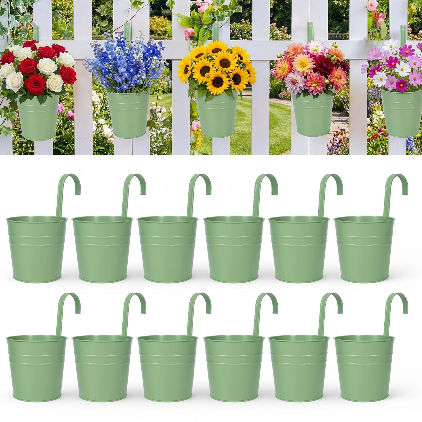 HowRU Hanging Flower Pots, Railing Planter Box for Outdoor Plants 12 Pack 5 Inch Metal Hanging Planters with Detachable Hooks Balcony Window Fence Garden Decoration Flower Boxes (Green)