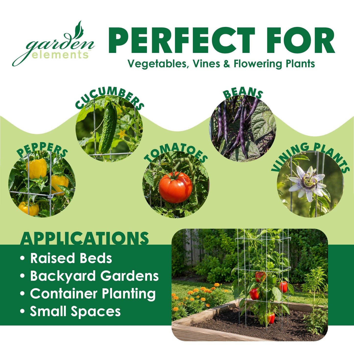 Garden Elements Square Tomato Cage, 48 Inch (Pack of 3) - Heavy Duty Galvanized Steel Plant Support, Collapsible Garden Trellis with 8-Leg Stability for Climbing Vegetables & Vines