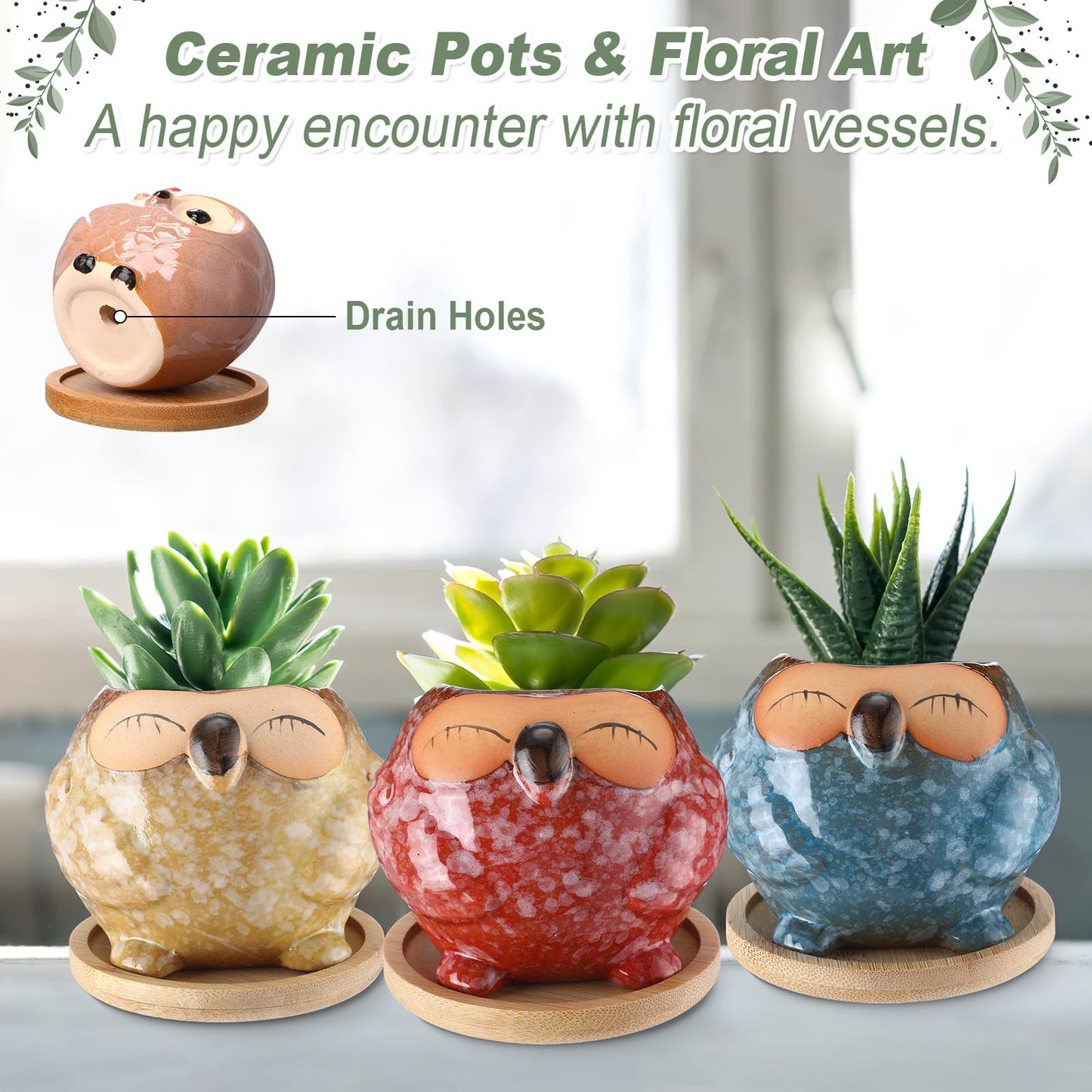 Cindeer 18 Pcs 2.5 Inch Owl Ceramic Succulent Planter Pots Mini Small Ceramic Pots with Drainage Hole and Bamboo Tray for Succulents Glaze Cactus for Home Garden Office Desk Decoration Gift Ideas