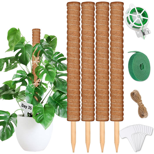 ROADPLUM 4 Pack 21.7" Coco Coir Poles, Stackable Plant Stakes Moss Pole for Plant Monstera with Twist Ties Plant Ties Labels Jute Rope, Plant Sticks Support for Climbing Plants Growth Indoor