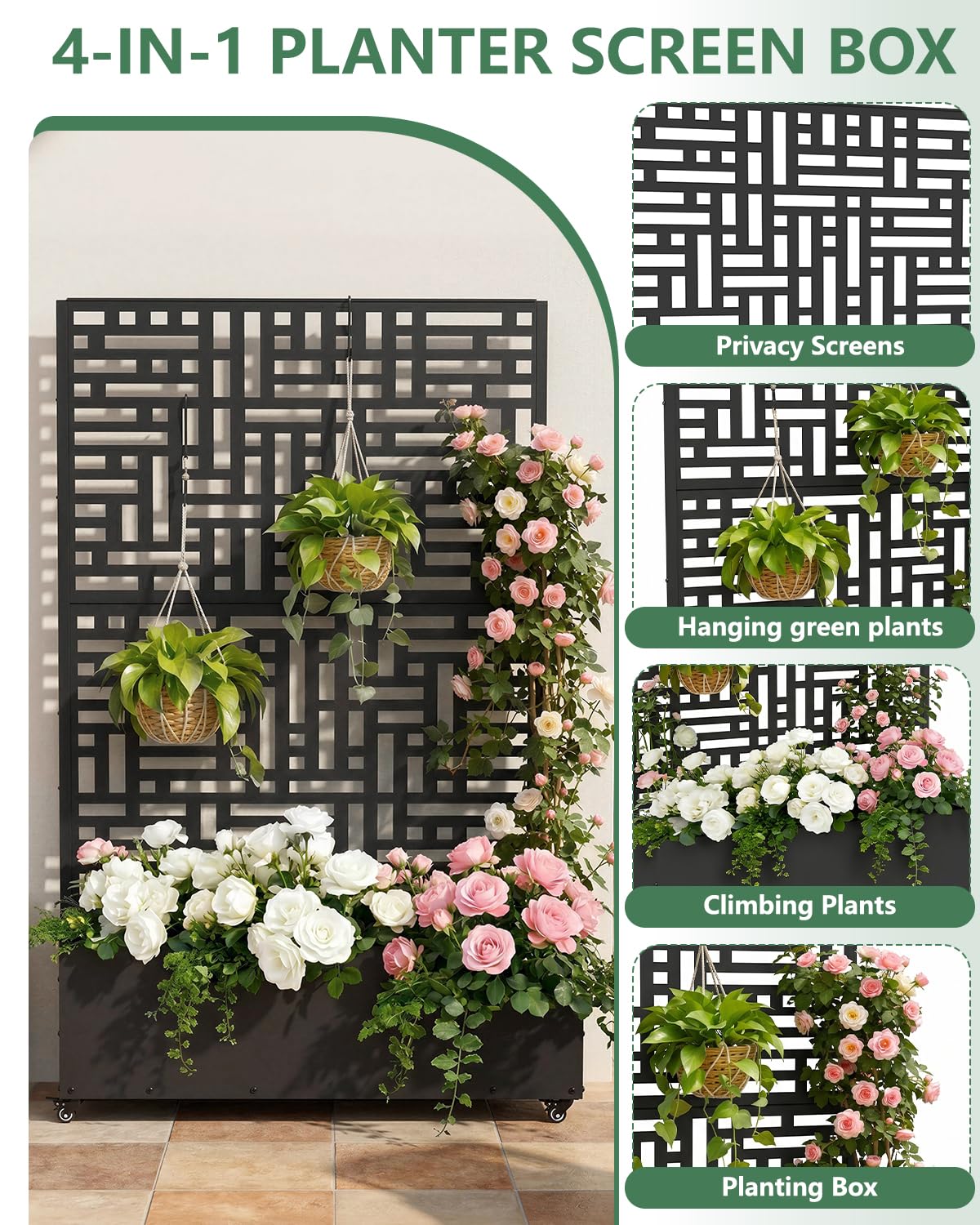 FOLAWO Metal Planter Box with Trellis,70.9"x47.2"x15.7" Raised Garden Bed with Drainage Holes, Privacy Planters for Outdoor Garden Bed for Climbing Plants,Vegetables,and Vines,Black-Modular