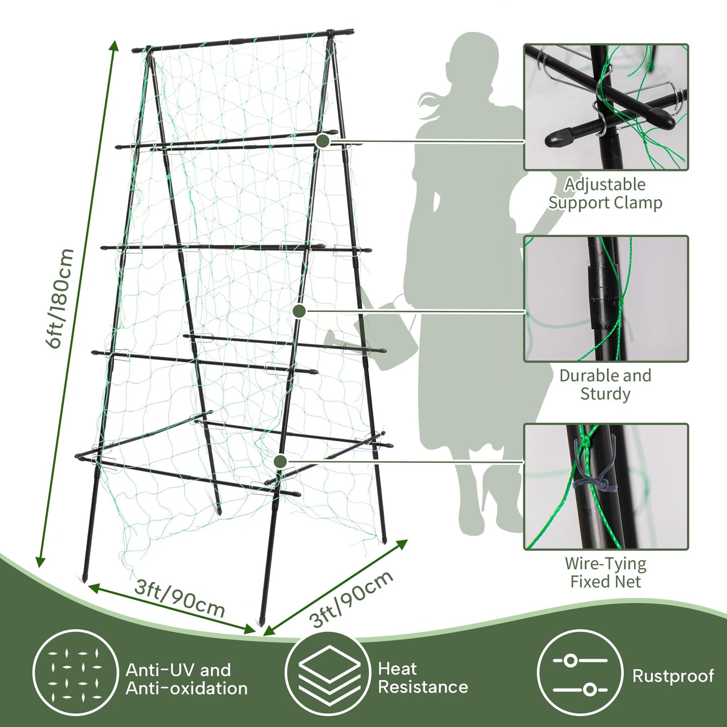 HPC Decor Cucumber Trellis for Raised Bed, 6 FT Tall Garden Trellis for Climbing Plant Outdoor, Metal A Frame Trellis with Climbing Net, Support for Vegetable, Grape, Tomato, Peas, Fruit, Vine.