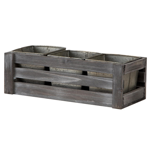 SOFE Rustic Wood Planer Box with 3 Galvanized Planter Pot, Indoor Windowsill Herb Garden Organizer, Plant Containers for Flower Succulent, Distressed Gray Finish