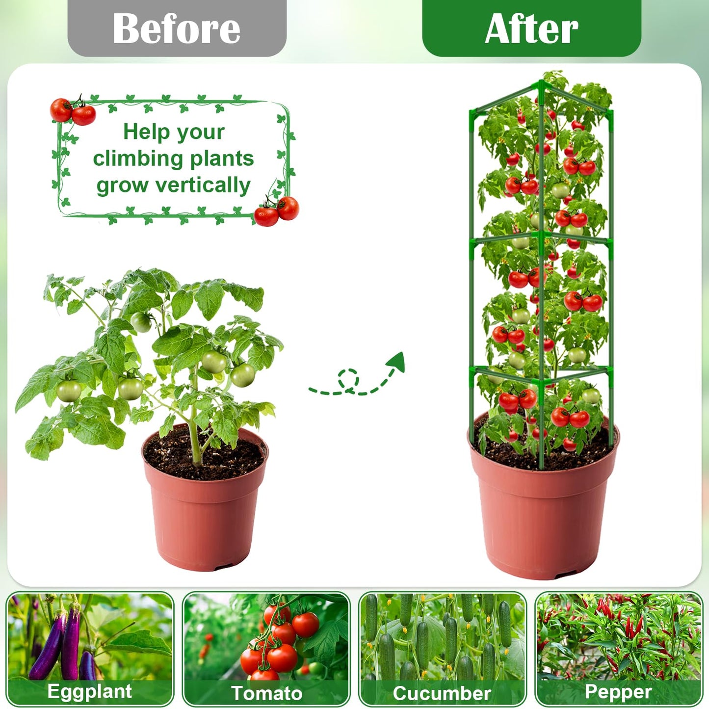 6 Packs Fiberglass Tomato Cages for Garden, 56 Inch Tall Tomato Plant Support, Adjustable Cucumber Stakes Plant Climbing Trellis for Garden Vegetables Fruits, Climbing Bean Support Cages with Clips