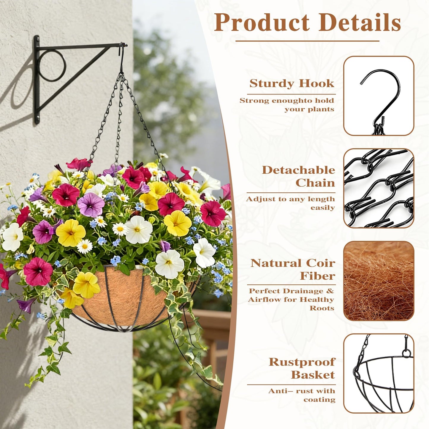 4 Pack Hanging Planter for Outdoor Plants 12 inch Metal Hanging Flower Basket with Coco Coir Liner Round Wire Plant Holder Chain Flower Pots Outdoor Garden Decoration Watering Hanging Baskets(XG)