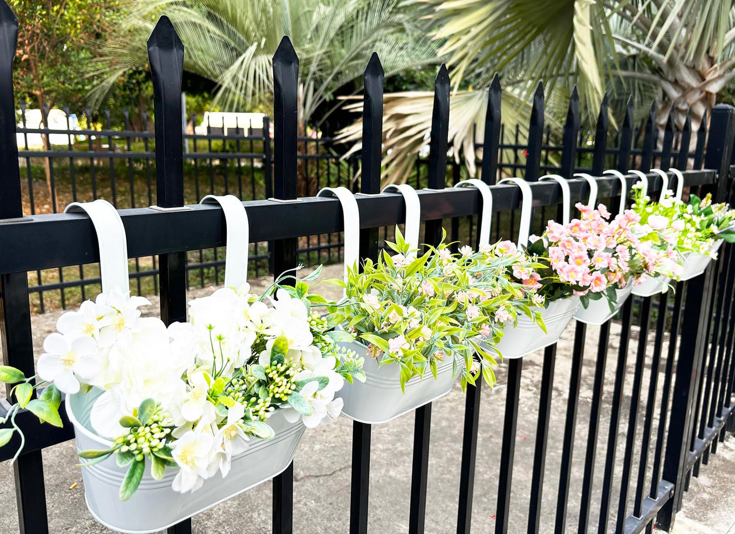 Joyfernal 10" Hanging Flower Pots, Pack of 8 White Metal Outdoor Patio Balcony Planter, Railing Planters Fence Pot with Detachable Hook & Drainage Hole for Small Plants (White, 8Pcs)