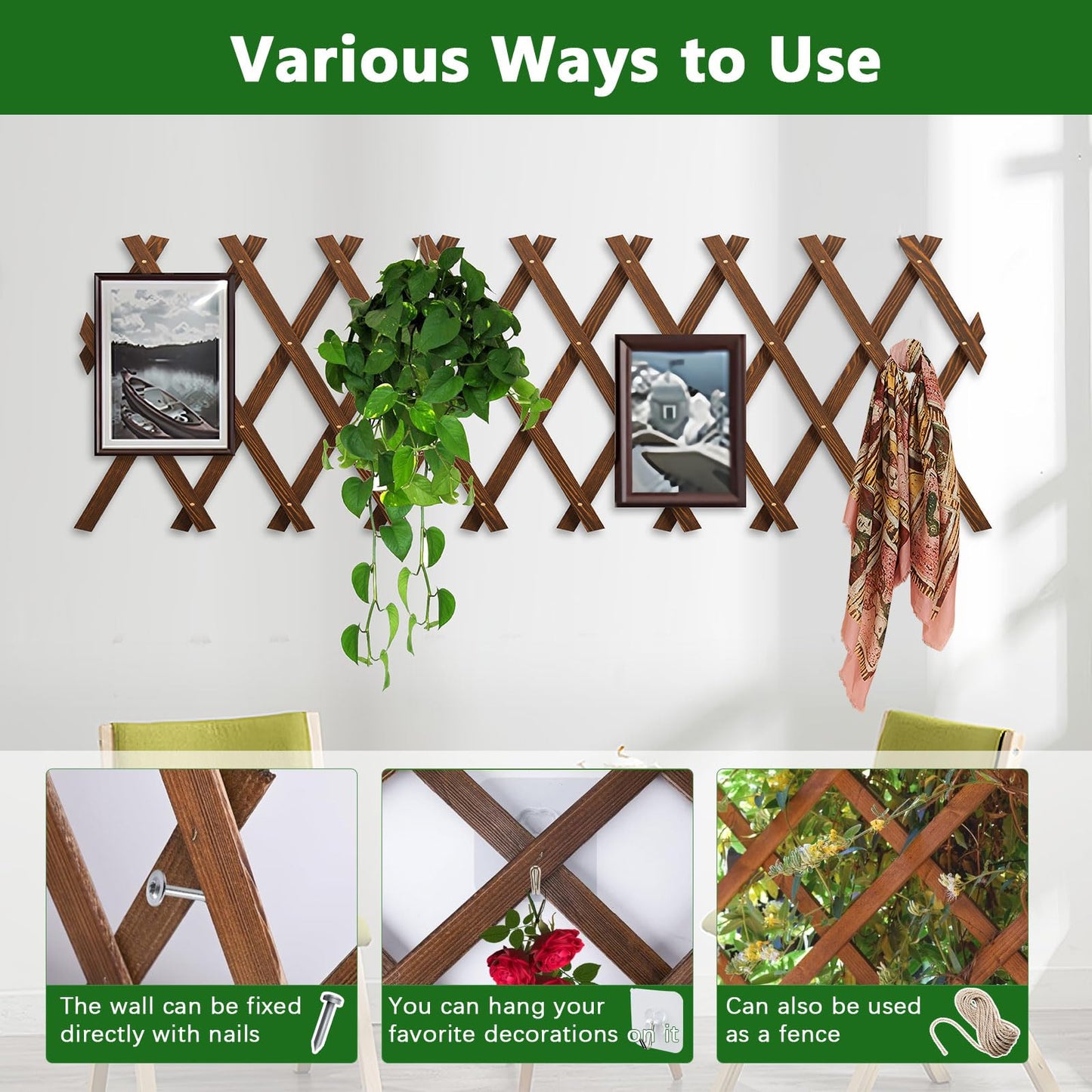 4 PCS Expandable Garden Trellis, 13.1" x 67" Trellis for Climbing Plants Outdoor, Wooden Lattice Fence Wall Panel Lattice Panels for Outside, for Climbing Plants Vine Ivy Rose Cucumbers Clematis（4PC）
