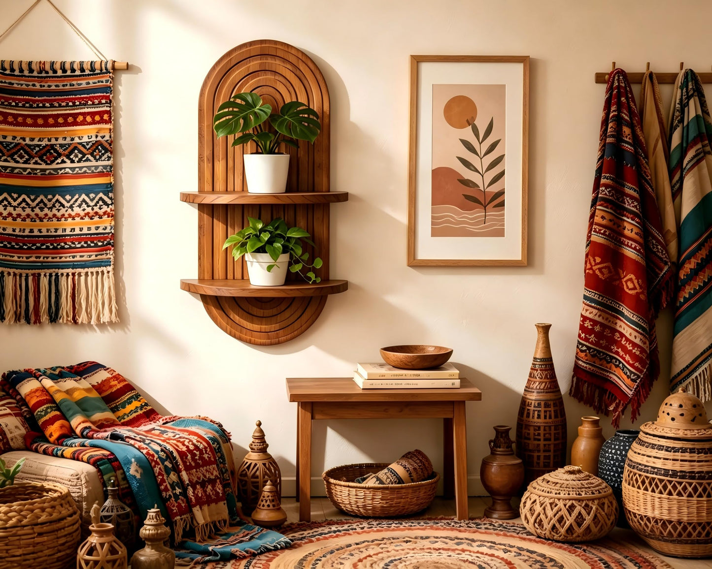 Vituney Boho Wall Shelf Decor Plant Wall Shelf Mid Century Modern Decor Hanging Plant Shelves, 2 Tier Wooden Art Floating Shelves for Home Bathroom Bedroom Living Room Planter