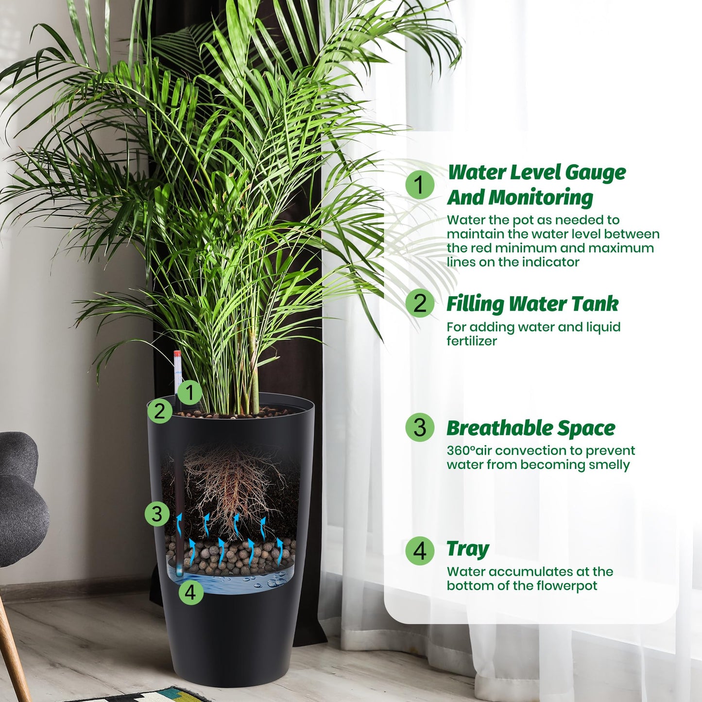 GarveeLife Set of 2 Tall Planters for Outdoor Plants, 22 in Large Planters for Outdoor Indoor Plants with Water Level Monitor ＆ Inner Bucket, Automatic Watering, for Porch, Patio, Backyard, Black