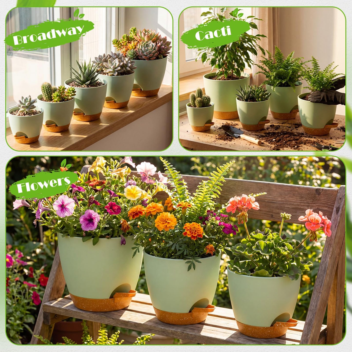 Remerry 15 Pcs 7/6.5/6/ 5.5/5 Inch Self Watering Planters with Drainage Hole Plant Pots Plastic Flower Pots Self Watering Pot and Saucer Reservoir for Garden Plant Flower(Green)
