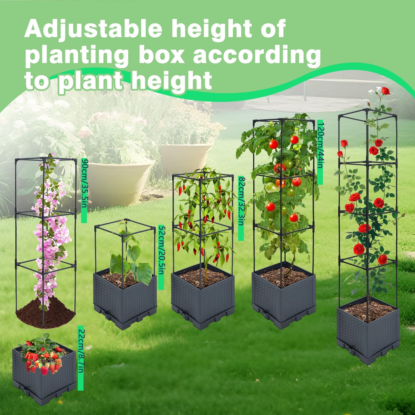 Sumloty Raised Garden Bed Planter Box, 2 Pack 56" Self-Watering Tomato Planter with Trellis for Climbing Vegetables Plants Grape Fruit Flowers,Use for Indoor Outdoor Garden Patio