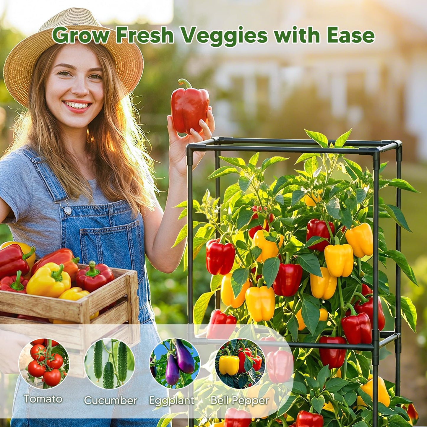 MQJIAZHI Raised Garden Bed with Tomato Cages，52"/4.3ft Tomato Planter with Trellis,Adjustable Height,Self Watering Planter Box for Vegetables & Climbing Plant Indoor Outdoor Balcony Patio (2)