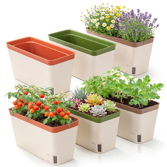 OurWarm Windowsill Herb Planter Box Set of 6, 10.5 Inch Self Watering Pots for Indoor Plants, Flower Box with Water Level Window, Colorful Plastic Flower Pots & Planters for Herbs, Vegetables, Flowers
