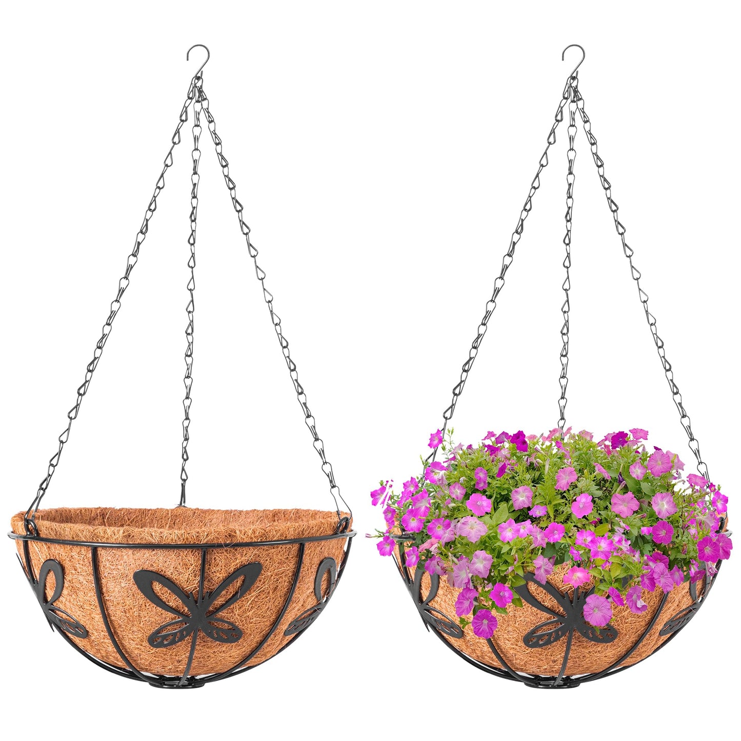 ARVINKEY Hanging Baskets Planter for Plants, 2 Pack 10 Inch Round Metal Wire Hanging Flower Pots with Coco Coir Liner Chain, Plant Holder for Home Garden Balcony Decor